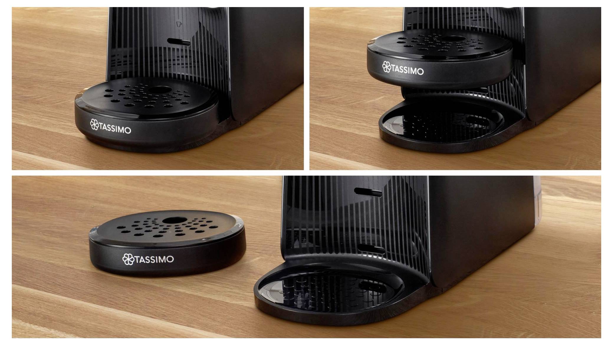 A coffee machine with a removable drip tray is shown in different positions on a wooden surface, demonstrating its adjustability and design.