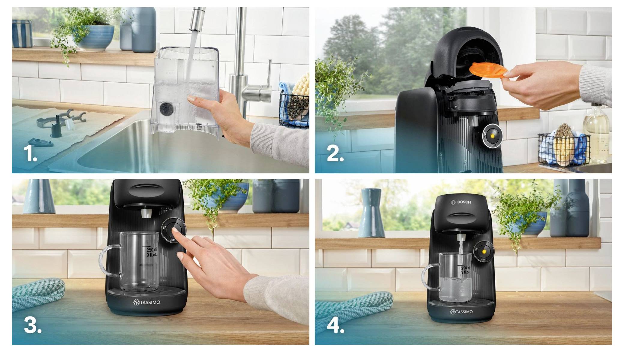 Four steps to use a coffee machine: 1. Fill water tank. 2. Insert capsule. 3. Press button to start. 4. Coffee is ready in the cup.