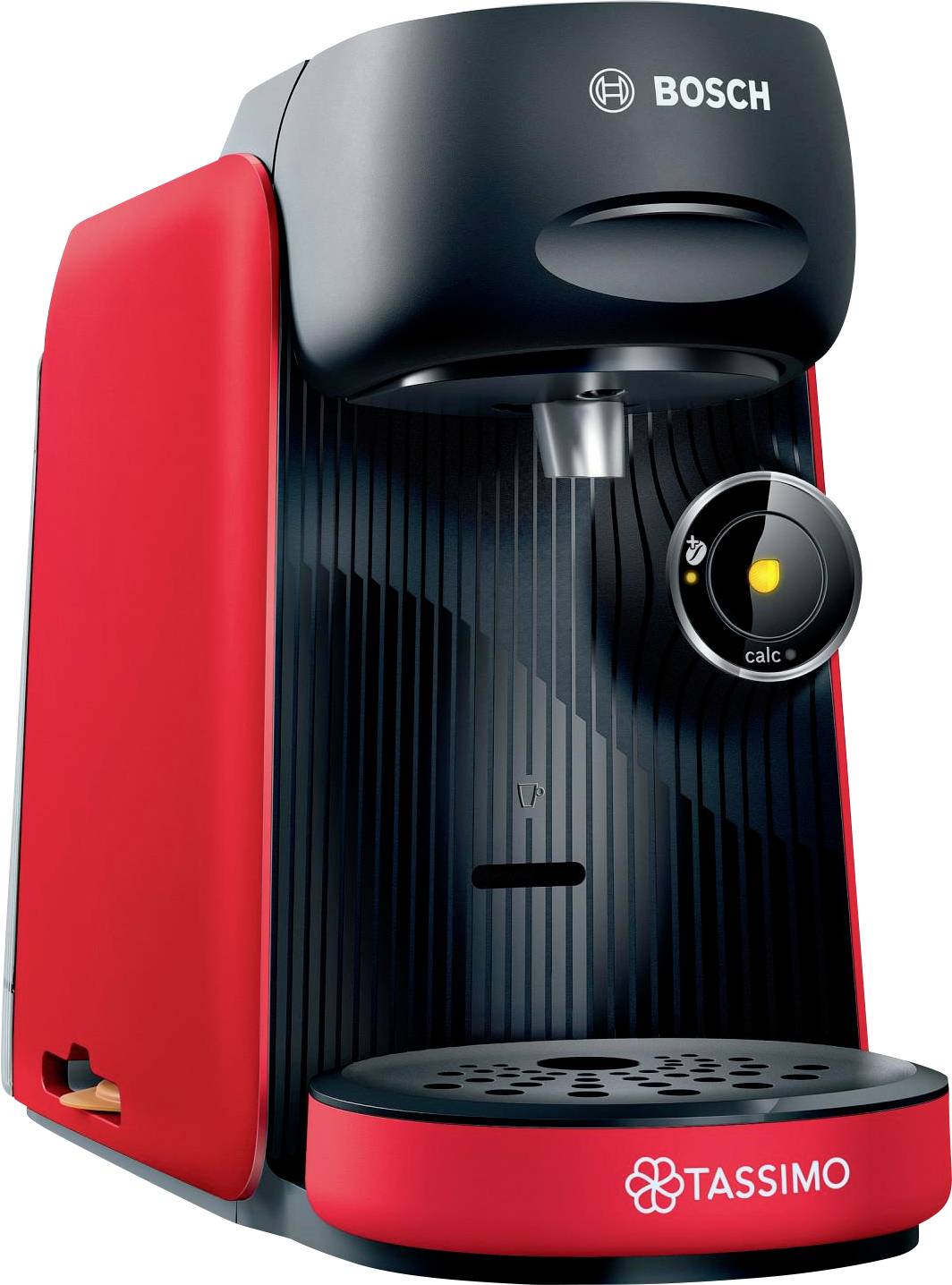 A red and black Bosch Tassimo coffee machine with a cup platform, control button, and water tank, designed for brewing various coffee types.