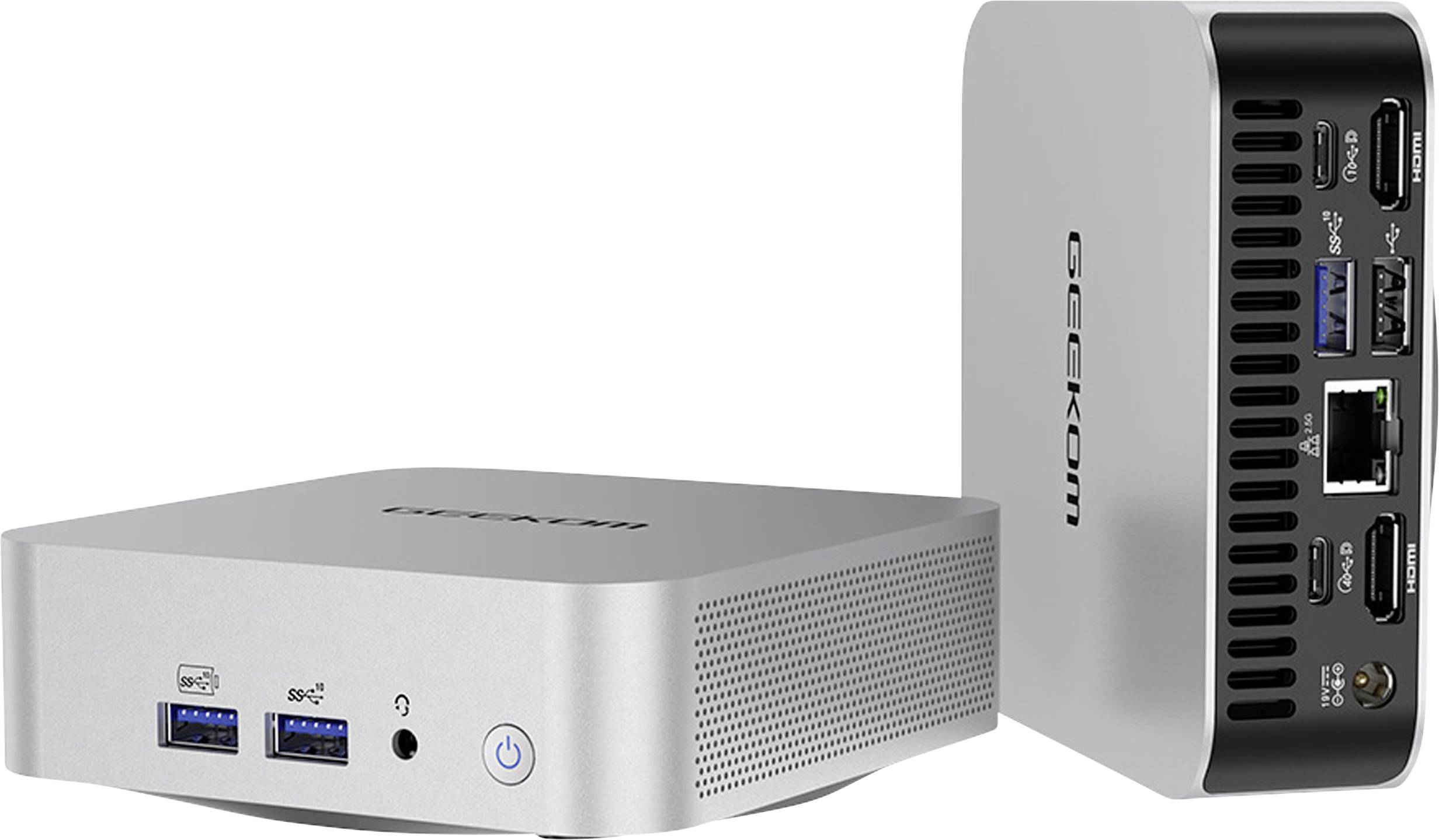 Two compact silver mini PCs with multiple ports including USB, HDMI, and Ethernet, suitable for office and home use.