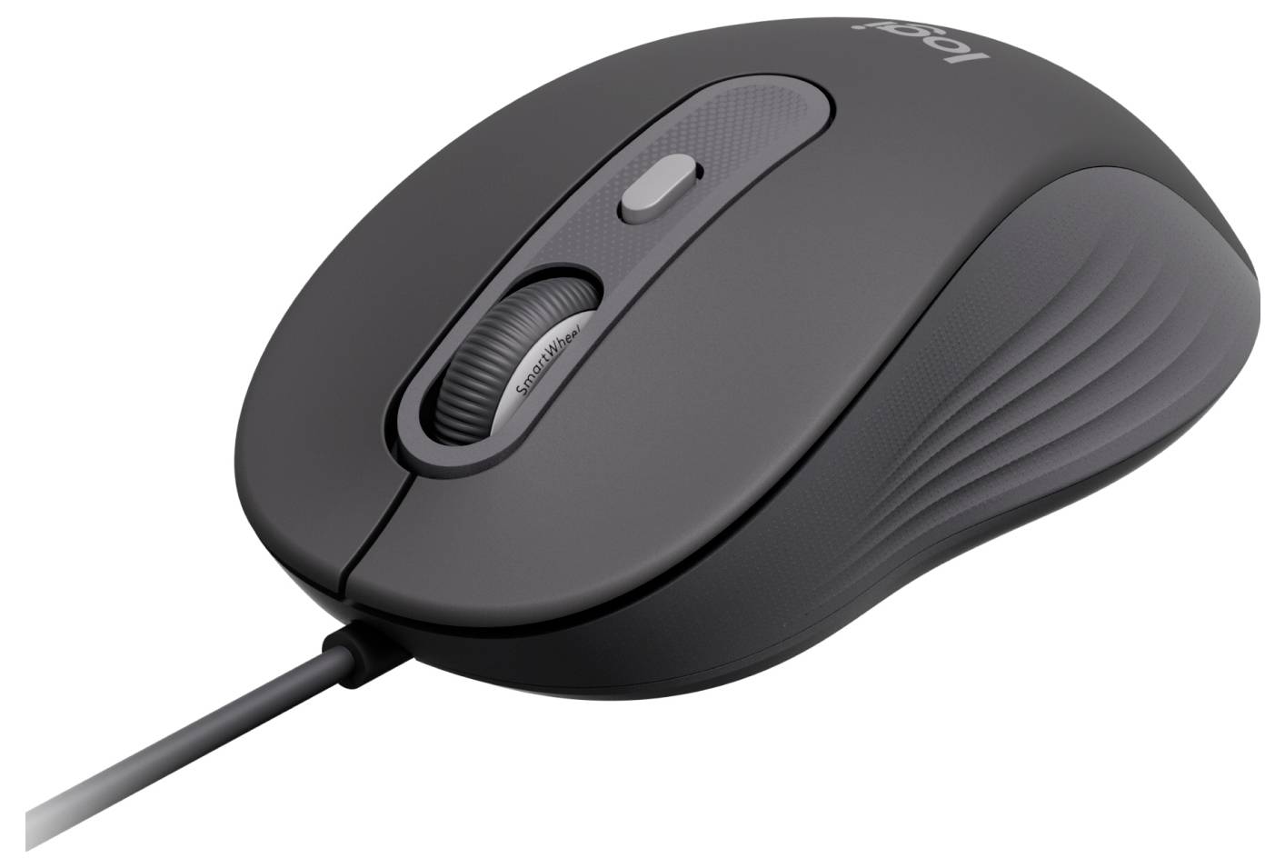 A black, wired computer mouse with a scroll wheel and side button, showing ergonomic design for comfortable use.