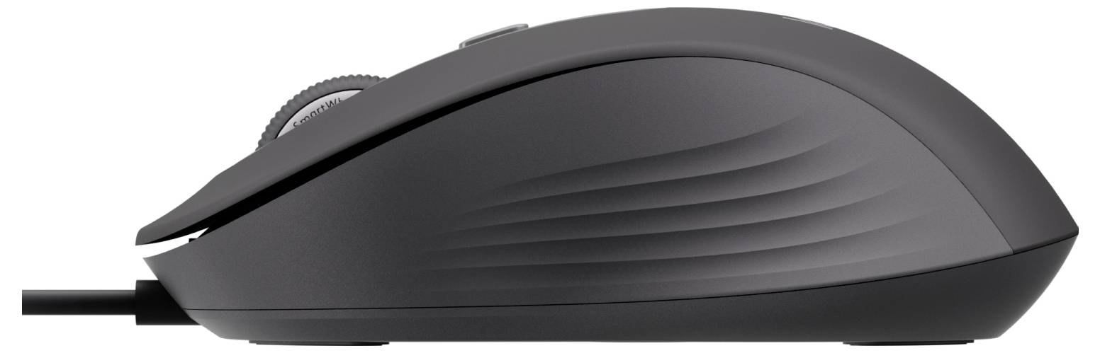 A side view of a black computer mouse with a textured grip and scroll wheel, connected by a cord.
