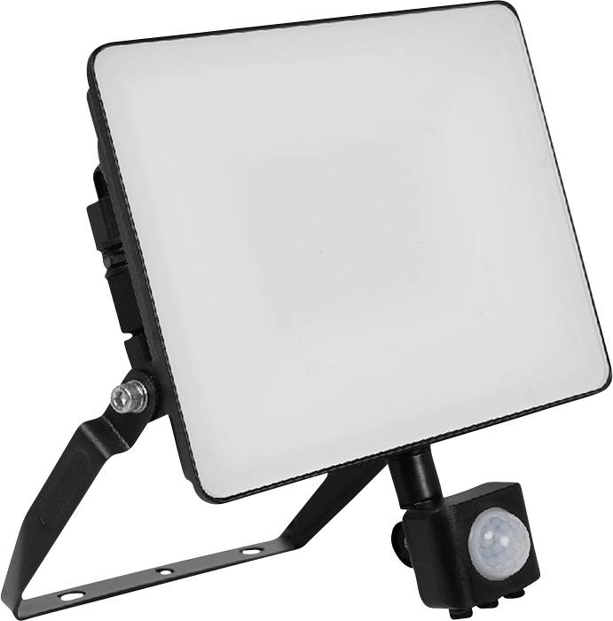 A black, adjustable outdoor floodlight with a motion sensor on the base, designed for security or garden illumination.