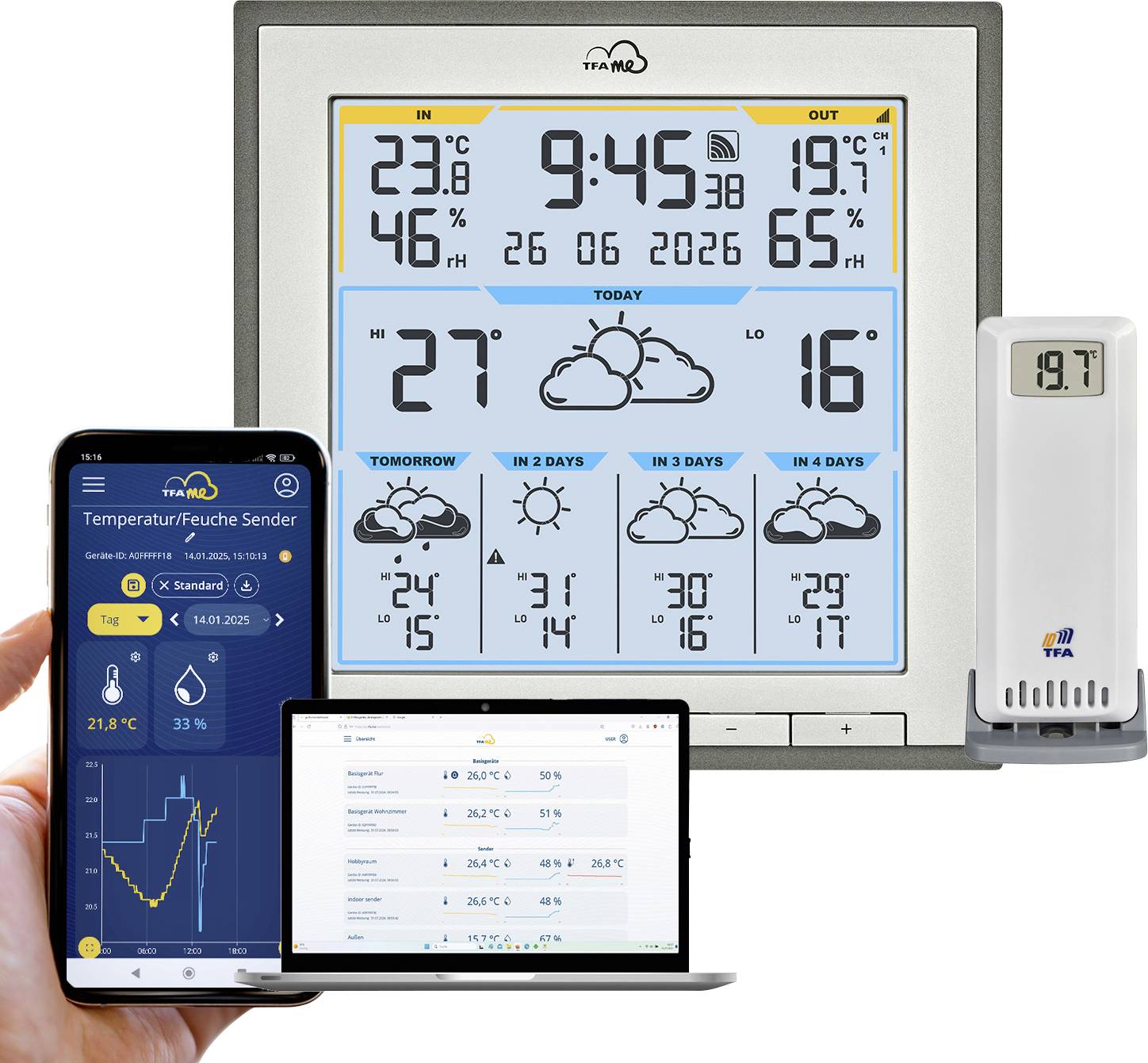 Digital weather station display showing current and forecast temperatures, humidity, and weather icons, alongside a smartphone and tablet showing corresponding app data.