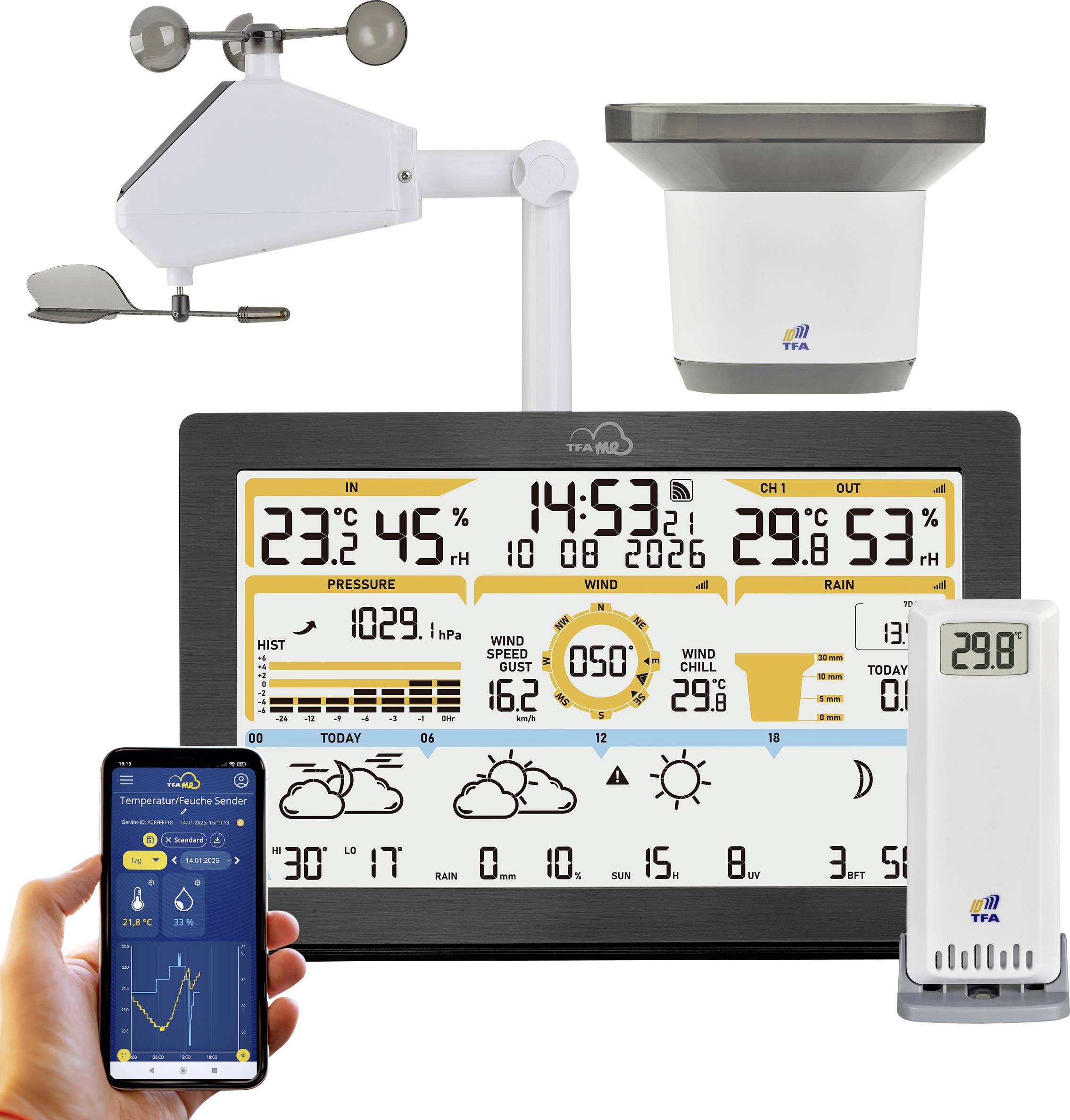 A digital weather station display showing temperature, humidity, time, wind speed, direction, pressure, and connected mobile app interface.