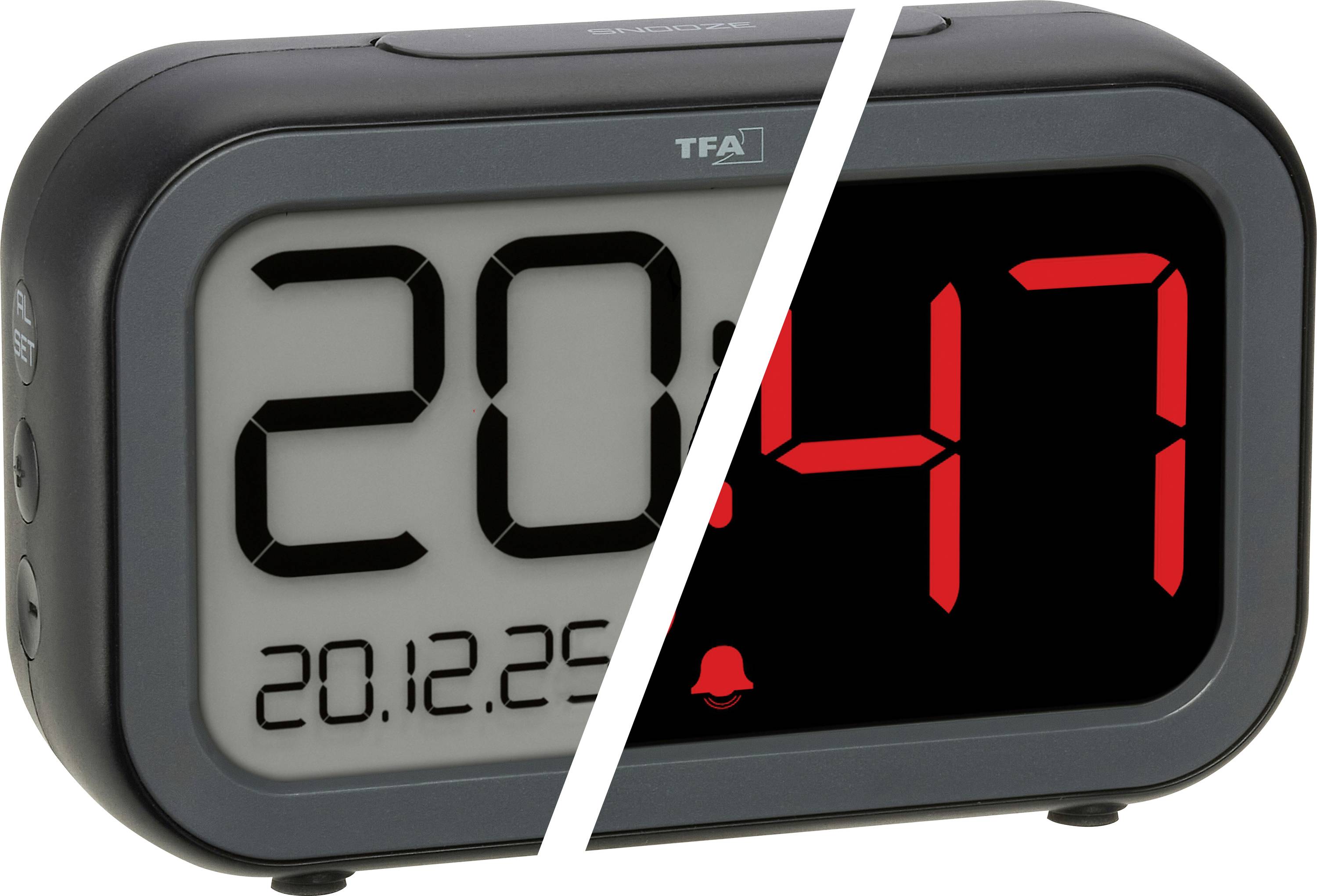Digital clock split image: left shows 20:12:29 in black on white background, right shows 20:47 in red on black background.