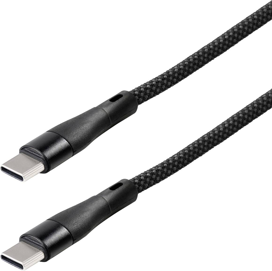 Two black braided USB-C cables on a white background, used for charging and data transfer.