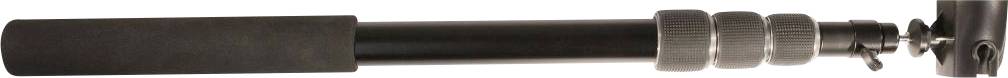 A black telescopic camera monopod with multiple adjustable sections and a tripod mount at the end for stability and camera attachment.