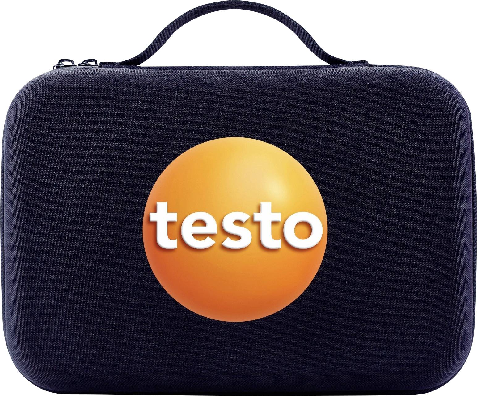 Black carrying case with an orange circle and the text 'testo' on the front.