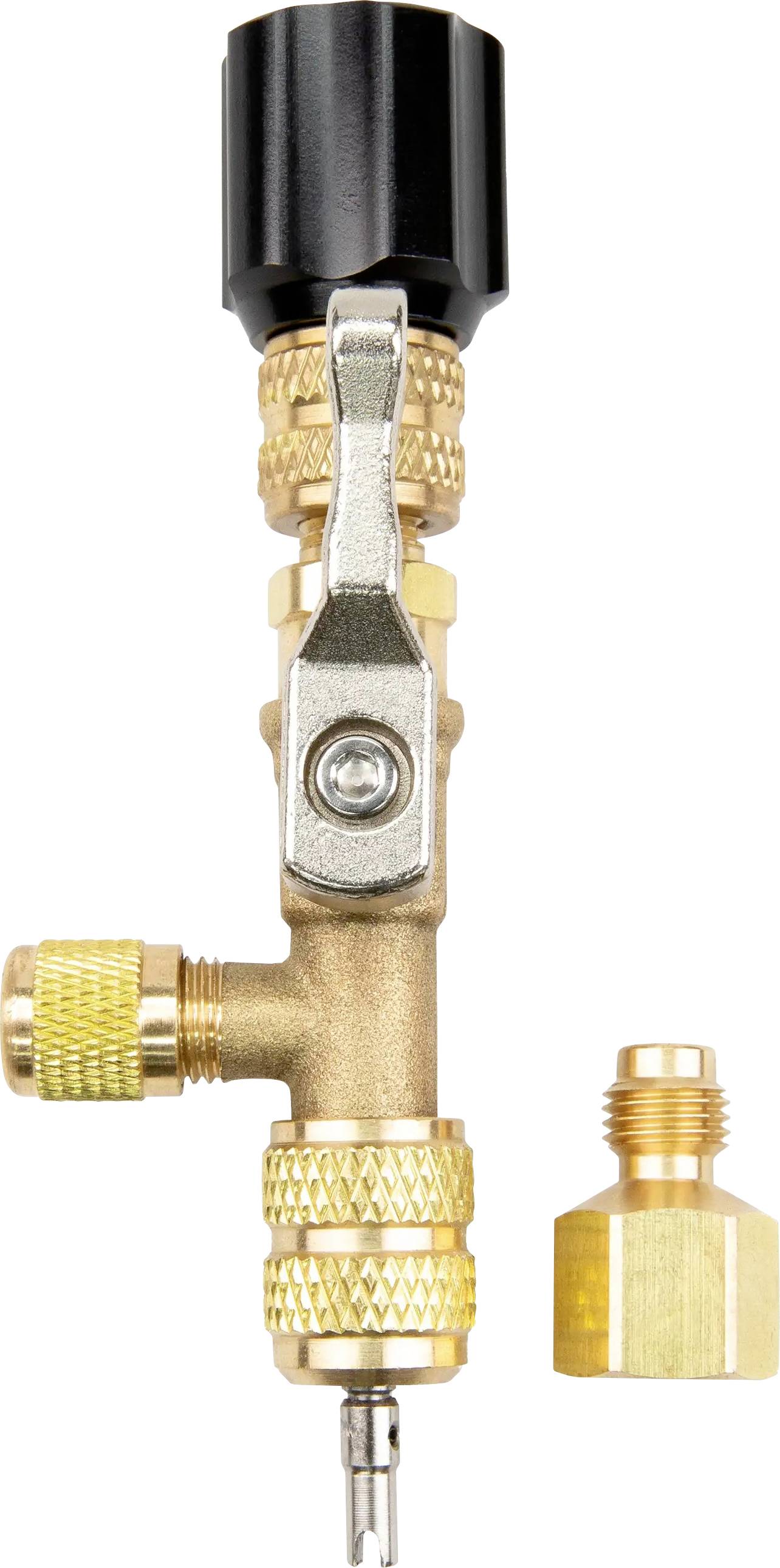 A brass refrigeration access valve with a black handle, attached to a gold-toned pipe with connection fittings and a separate adapter piece.
