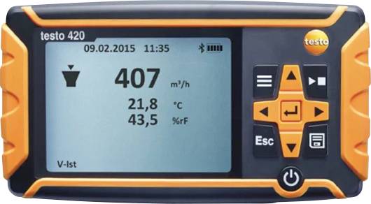 A digital device screen shows '407 m³/h, 21.8°C, 43.5% rF', dated '09.02.2015 11:35,' with navigation buttons on the right.