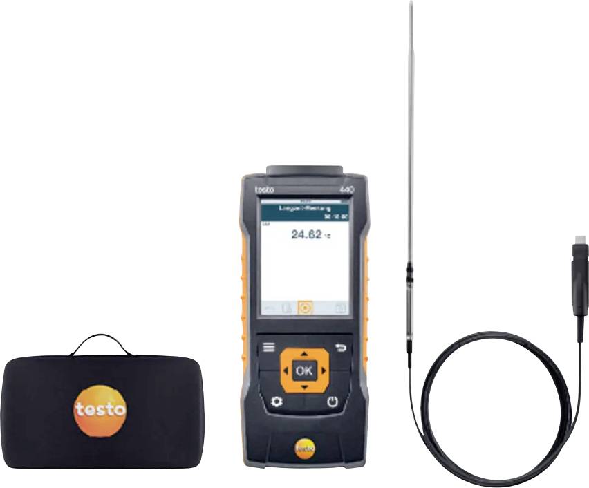 A handheld temperature measuring device with a display showing '24.62°C', a connected probe, and a black carrying case labeled 'testo'.