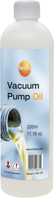 Bottle of 'testo Vacuum Pump Oil', 330ml, 11.16 oz. The label displays oil being poured from a can.
