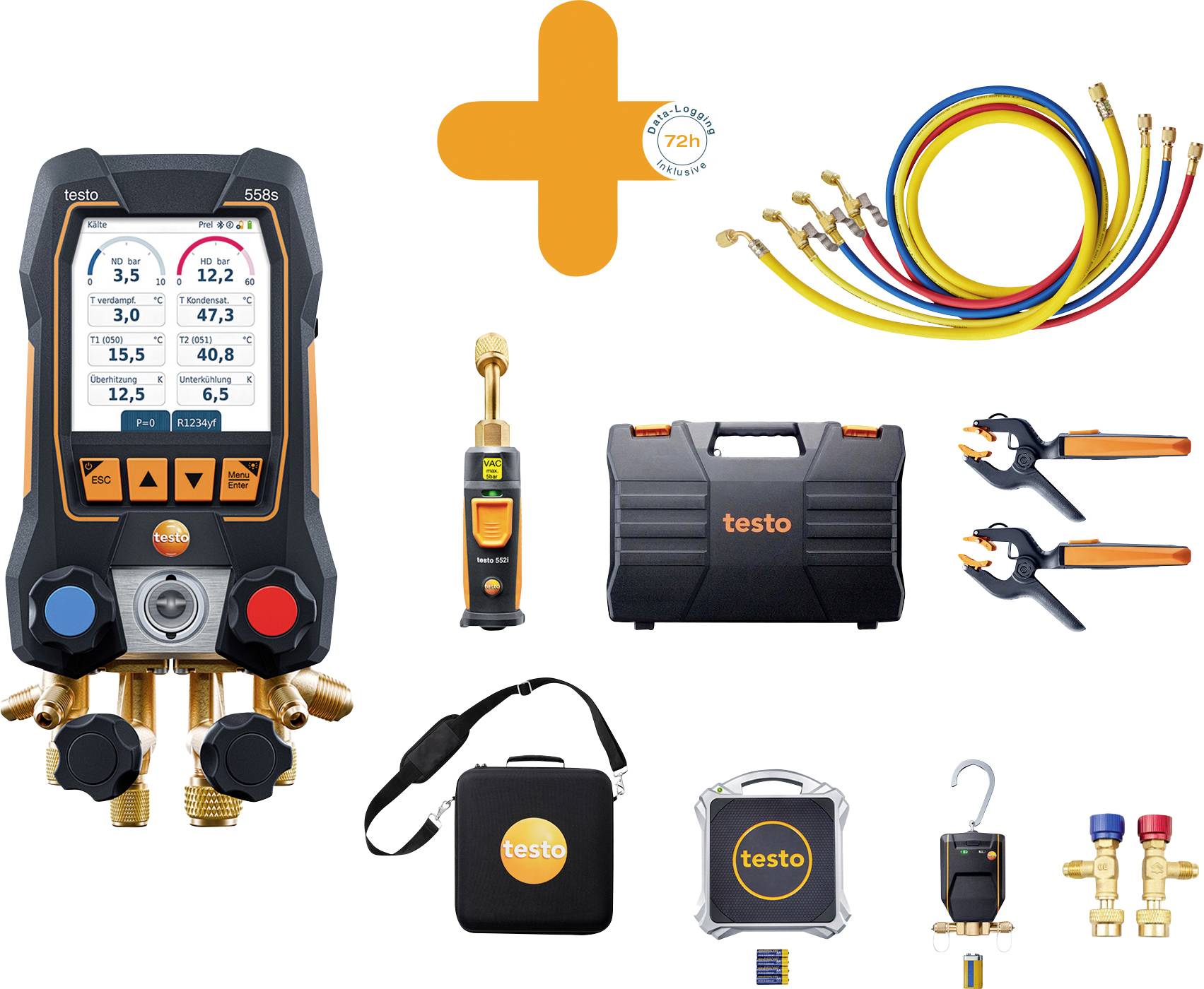 A professional HVAC tool kit including a digital manifold, probes, hoses, thermometer, and case for precise measurement and maintenance tasks.