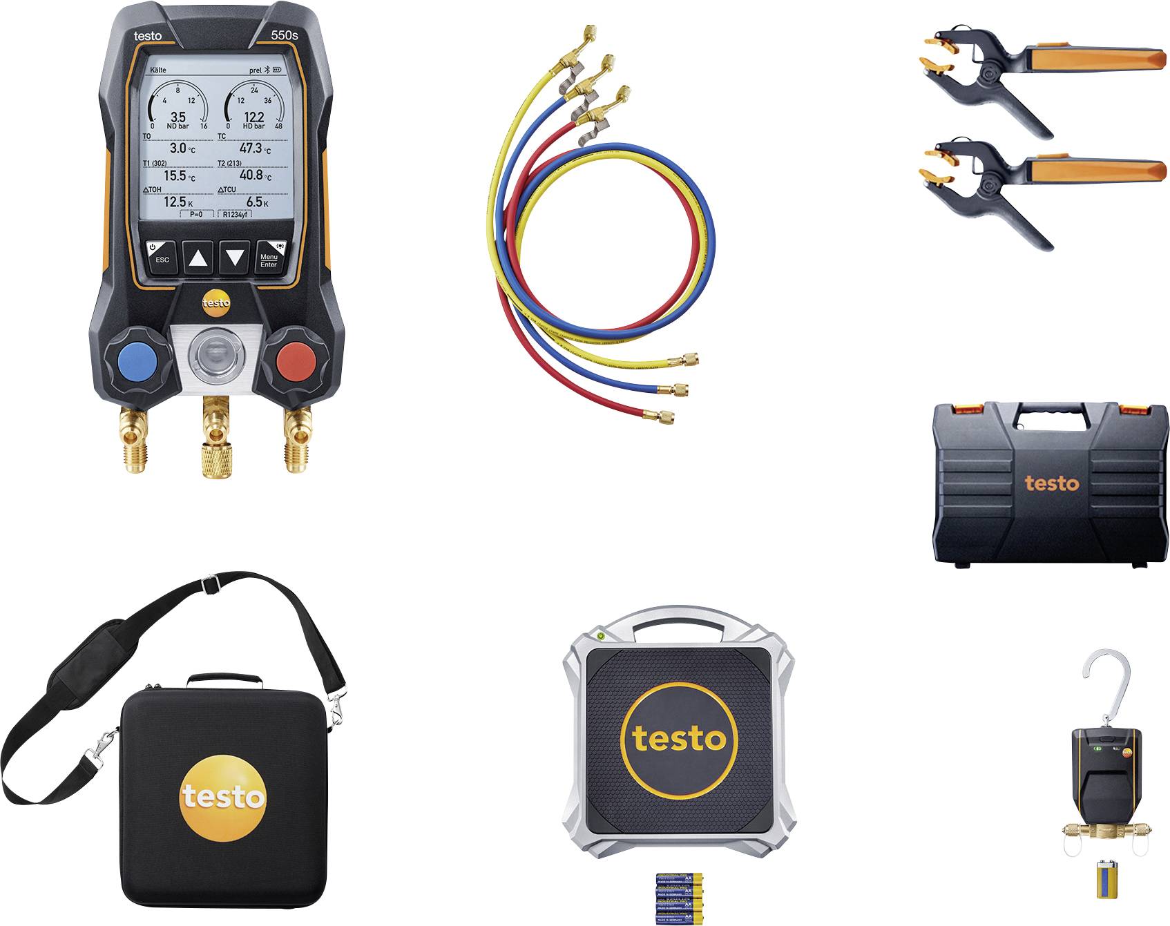 Digital manifold kit with hoses, adjustable wrenches, case, strap, scale, and hook, designed for HVAC systems diagnostics and repairs.