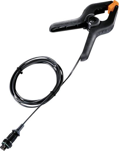 A black clamp with an attached cable and connector, used for electrical or technical applications.