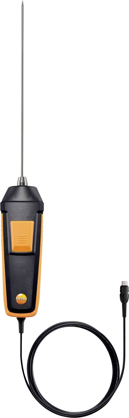 A handheld digital temperature probe with a long metal sensor, black handle, and orange accents. It has a connecting cable attached at the bottom.