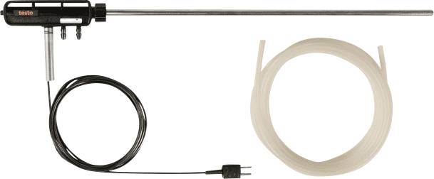 A Testo probe with a long metal rod and attached cable coil, used for measuring temperatures in exhaust systems.