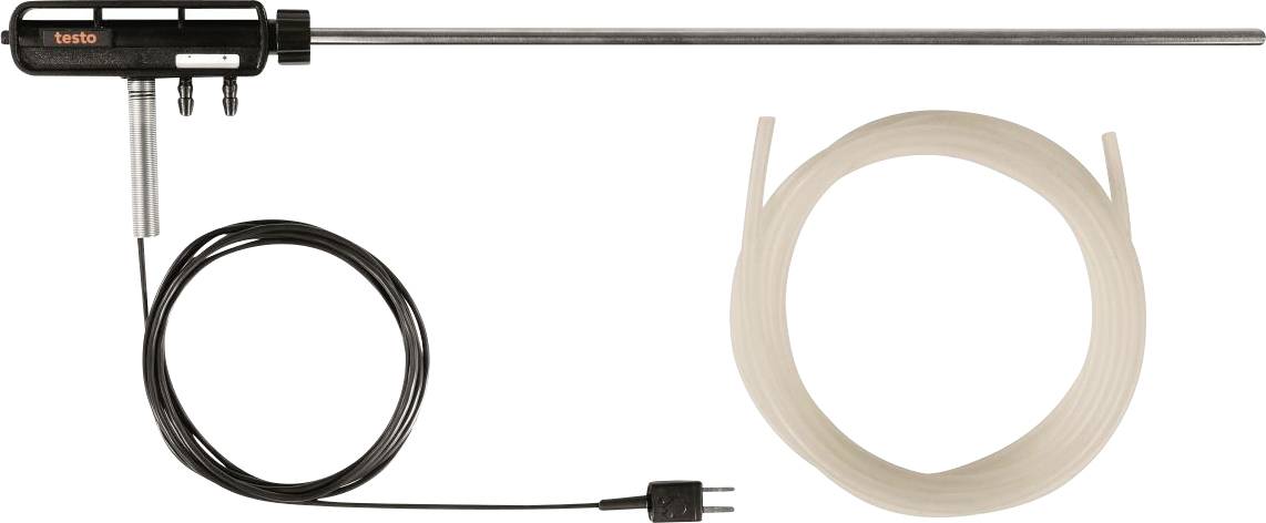 A gas sampler probe with a long metal shaft, black handle, and attached cable, next to a coiled transparent tube.