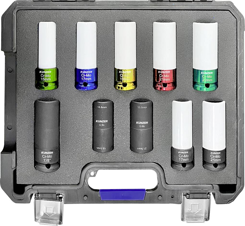 A set of nine socket wrenches in various sizes and colors, organized in a black plastic case. Each socket is labeled with its size and material type.