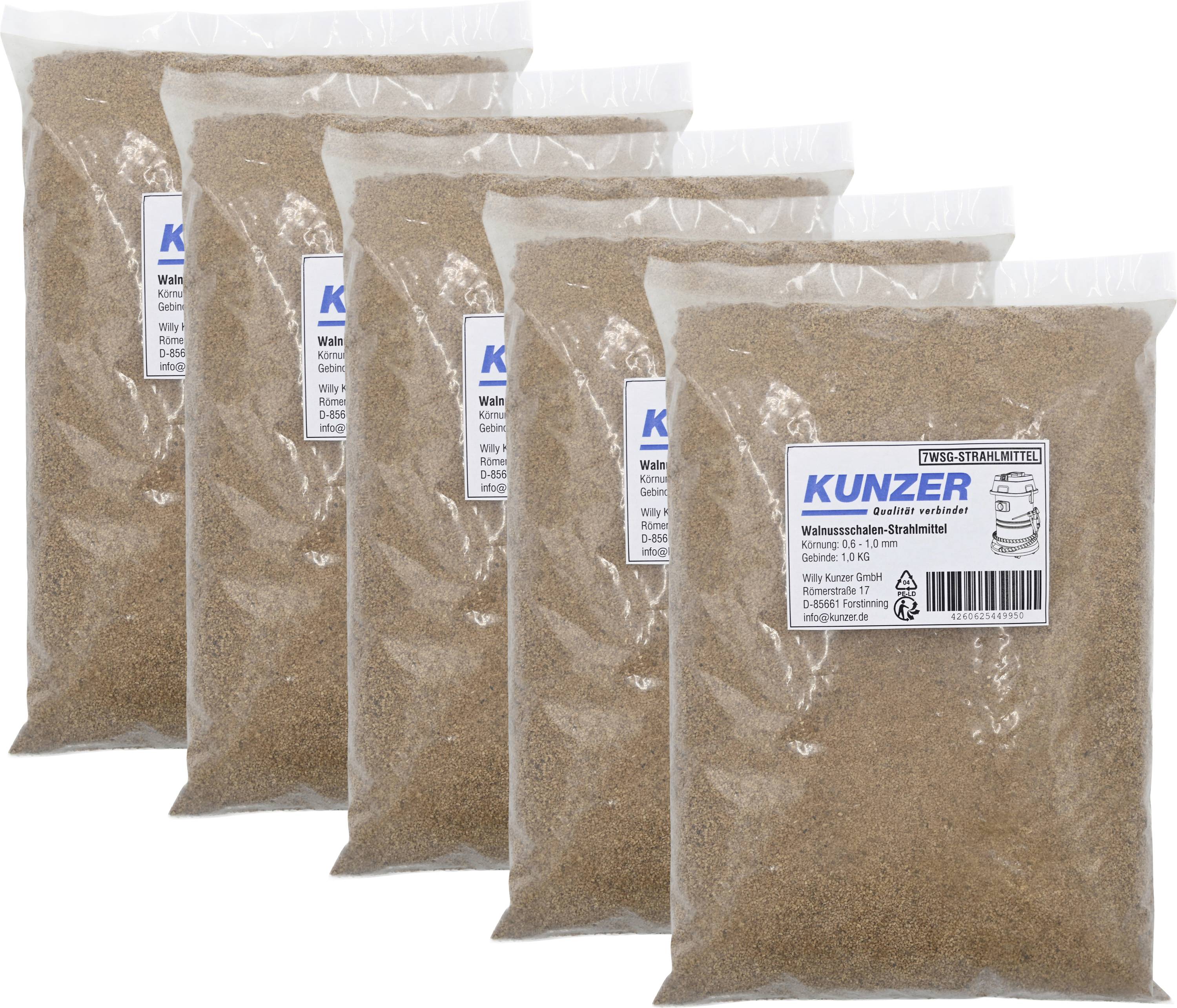 Five transparent bags filled with brown, granular walnut shell media, with 'Kunzer' label visible on each bag, arranged in a row.