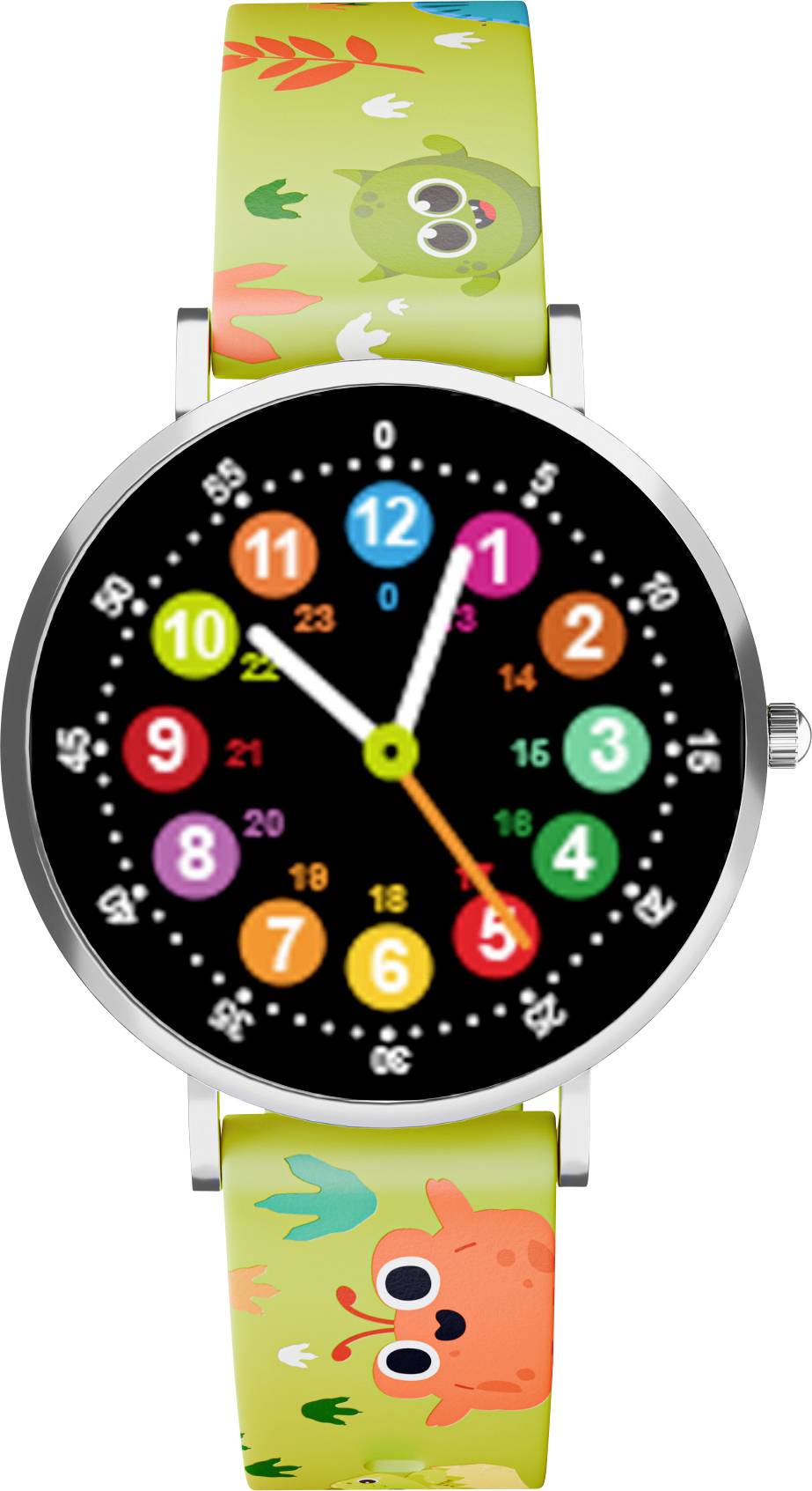 A colorful children's watch with a black face, featuring multicolored numbers and animal-themed graphics on the green band.