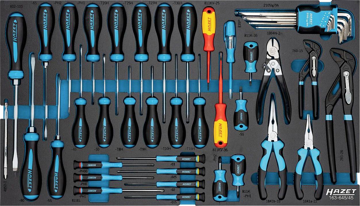 An organized tool set, displaying various screwdrivers, pliers, and hex keys in a foam tray, all featuring blue and black handles.