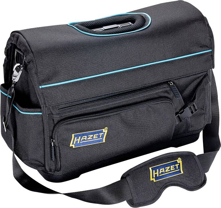 A black Hazet tool bag with a blue trim, featuring a shoulder strap and multiple compartments for organizing tools.