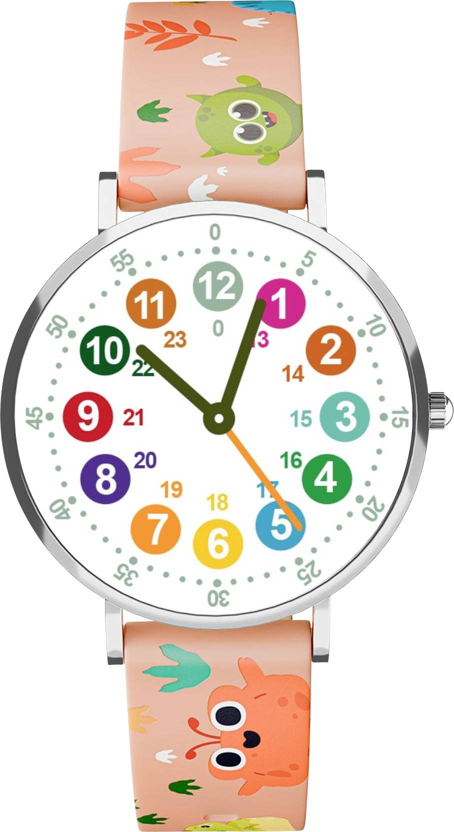 A colorful children's watch with multicolored numbers from 1 to 12 and 13 to 24 on the face. The strap features playful animal designs.