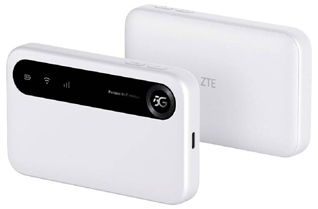 A white portable Wi-Fi router with a digital display showing connectivity and battery icons, and a '5G' symbol on the front.