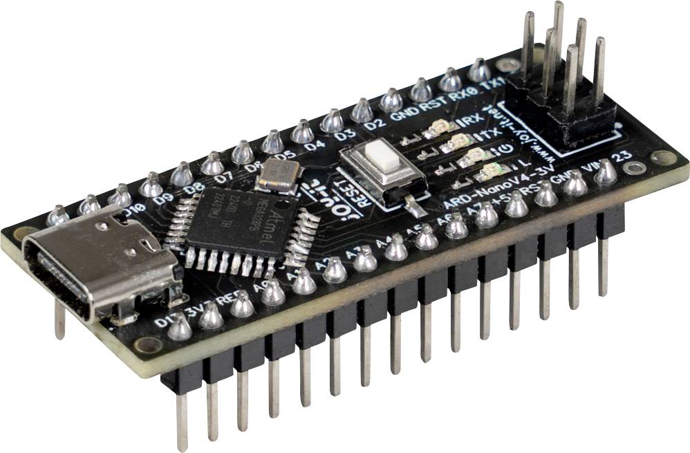 A small microcontroller board with a row of pins on each side, featuring a USB-C port and multiple integrated circuit components.