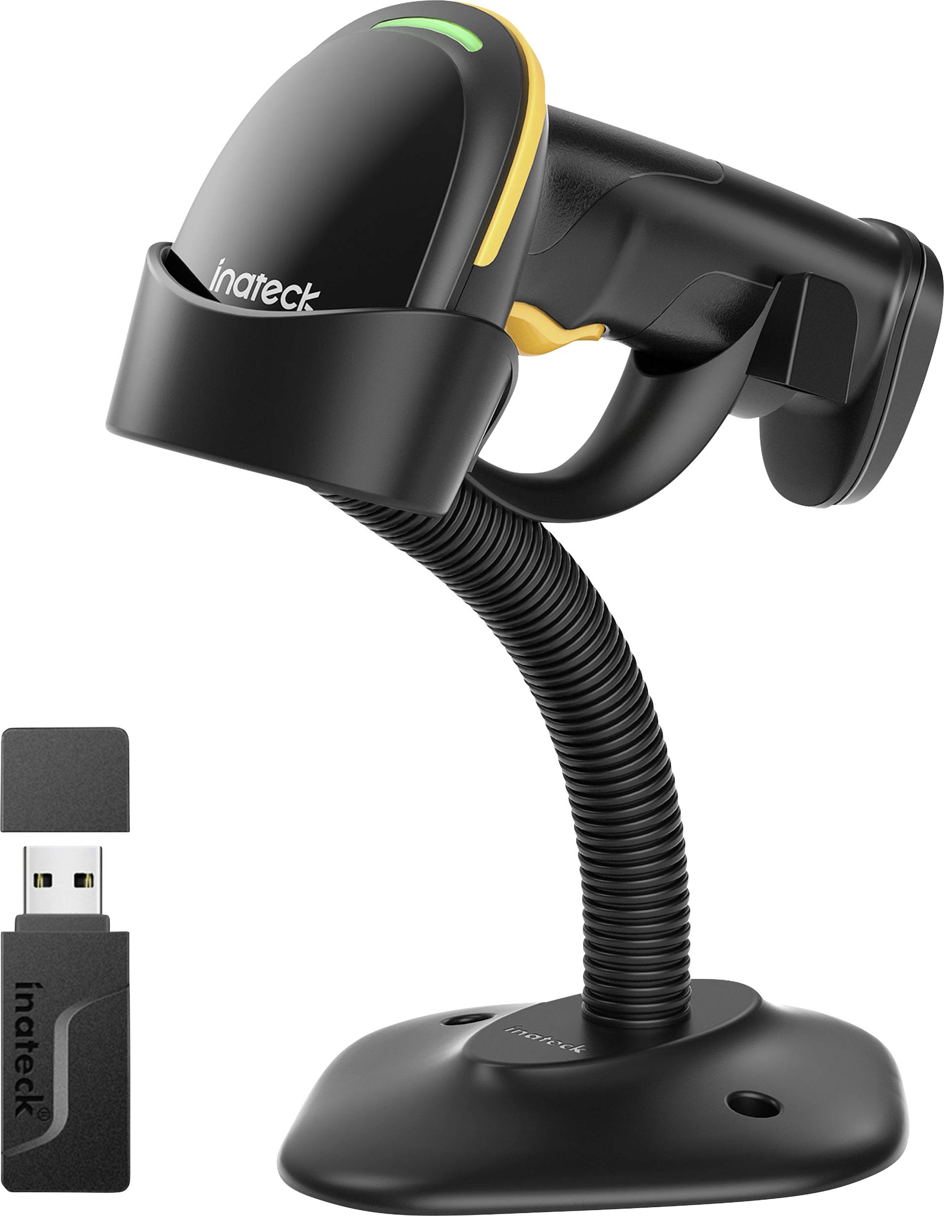 A handheld barcode scanner on a stand with a USB receiver beside it, suitable for retail or inventory management applications.