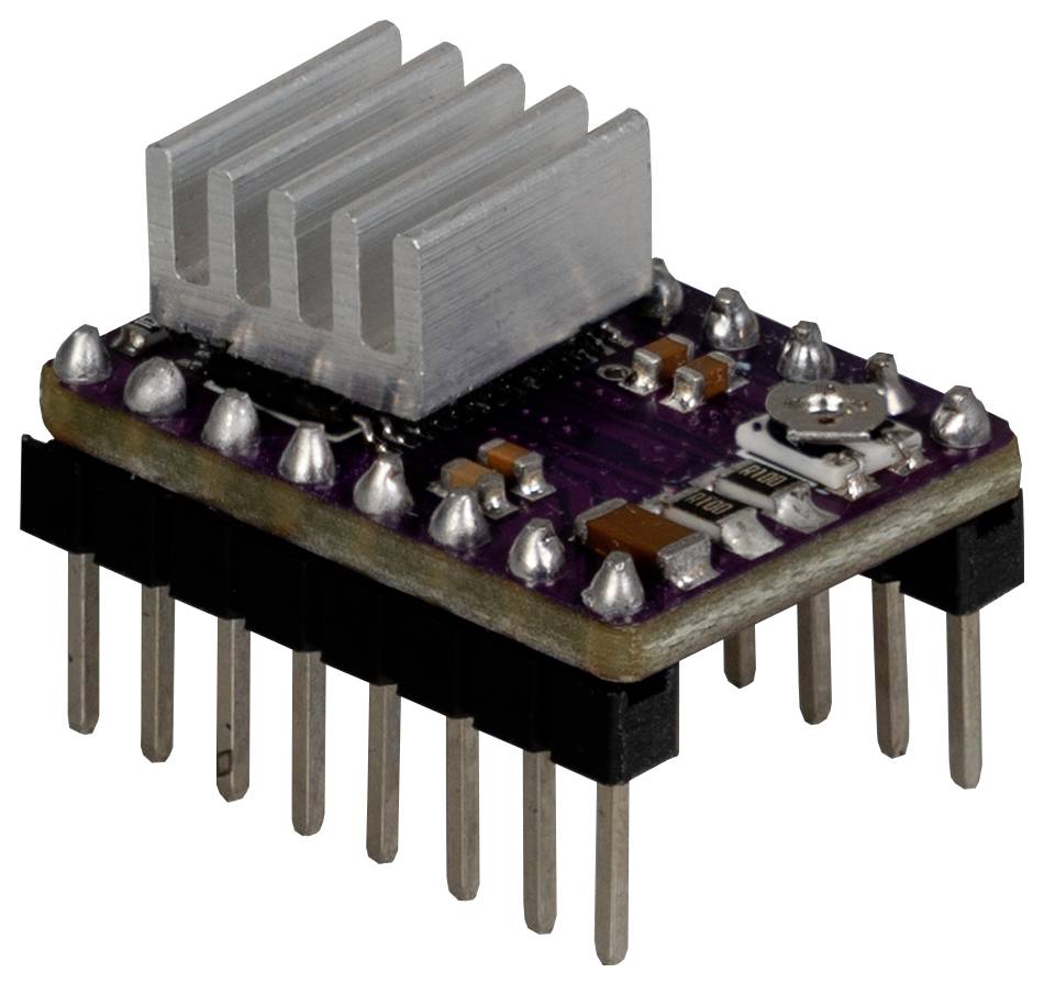 A small purple circuit board with a silver heatsink and multiple pins protruding from the bottom, likely used for electronic components.