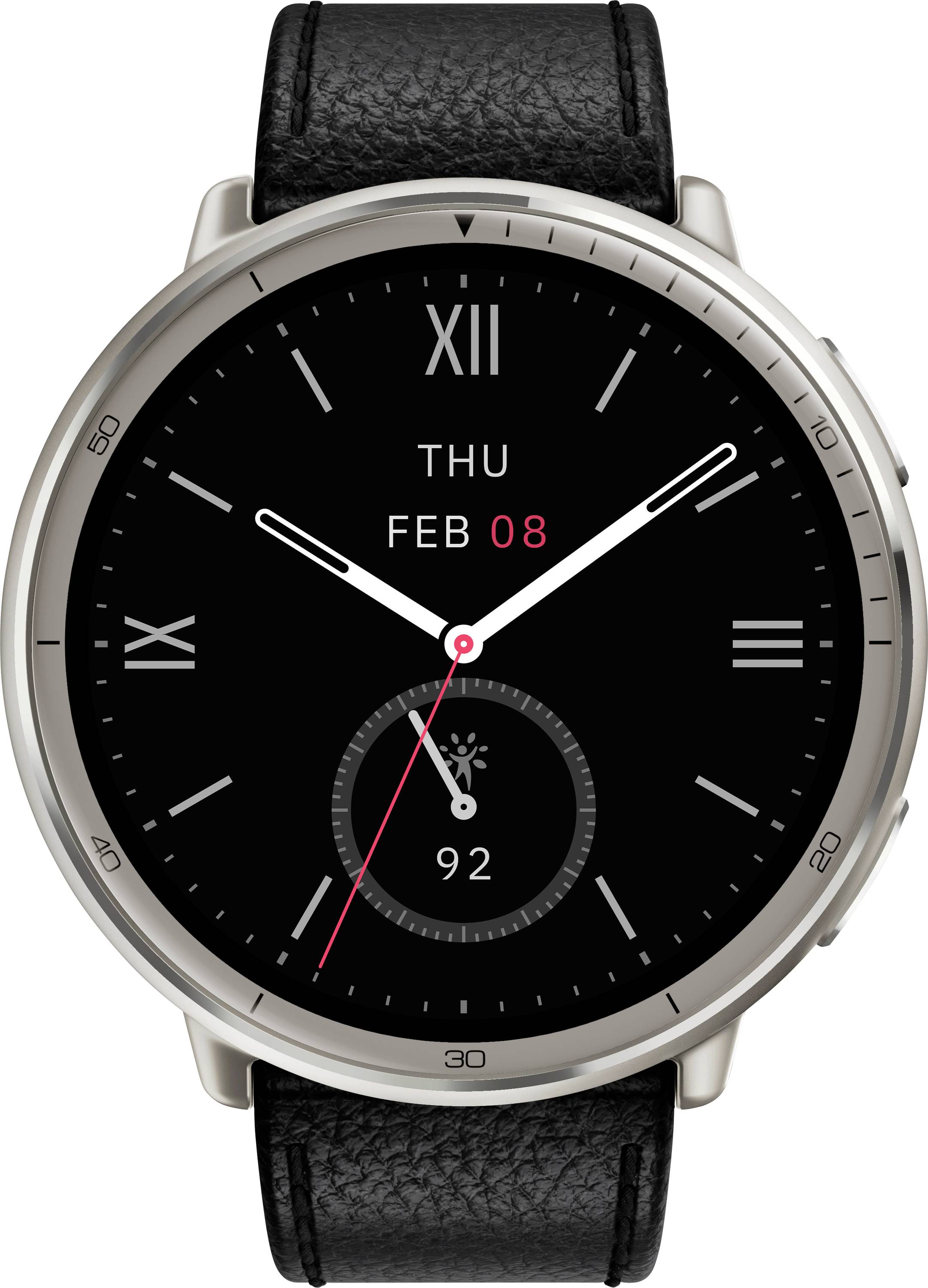 Smartwatch displaying analog time with white hands, digital date 'THU FEB 08', and heart rate of 92 BPM on a black leather strap.
