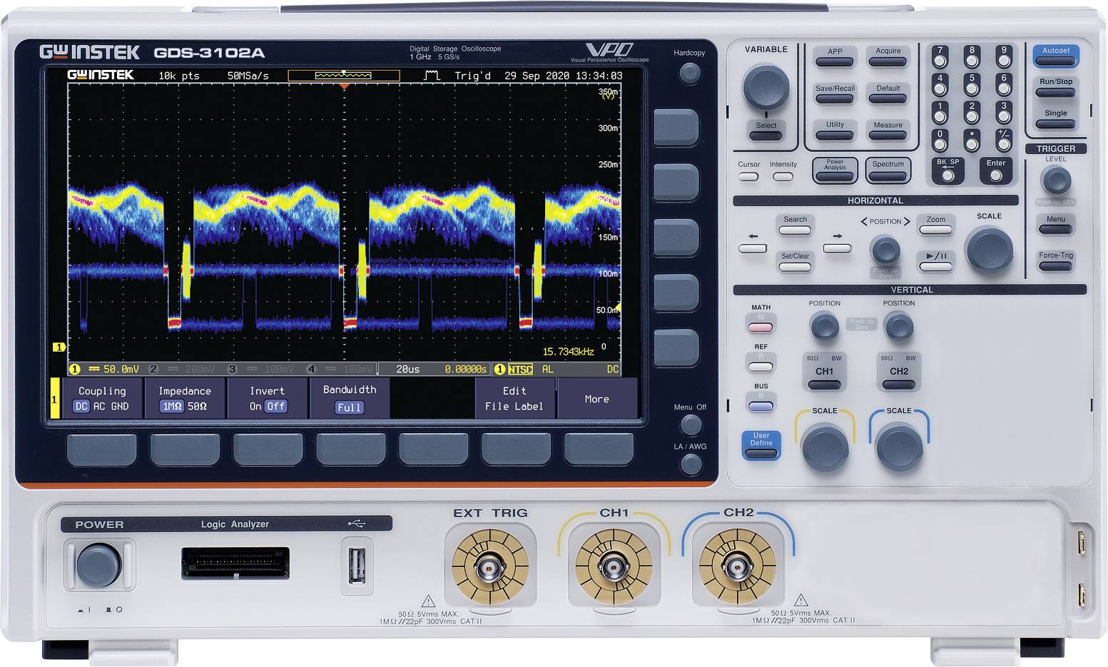 An oscilloscope display showing a waveform with several peaks and troughs, indicating a pattern over time, surrounded by control buttons.