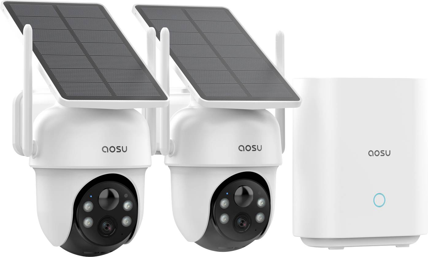 Two white security cameras with solar panels and a white router.