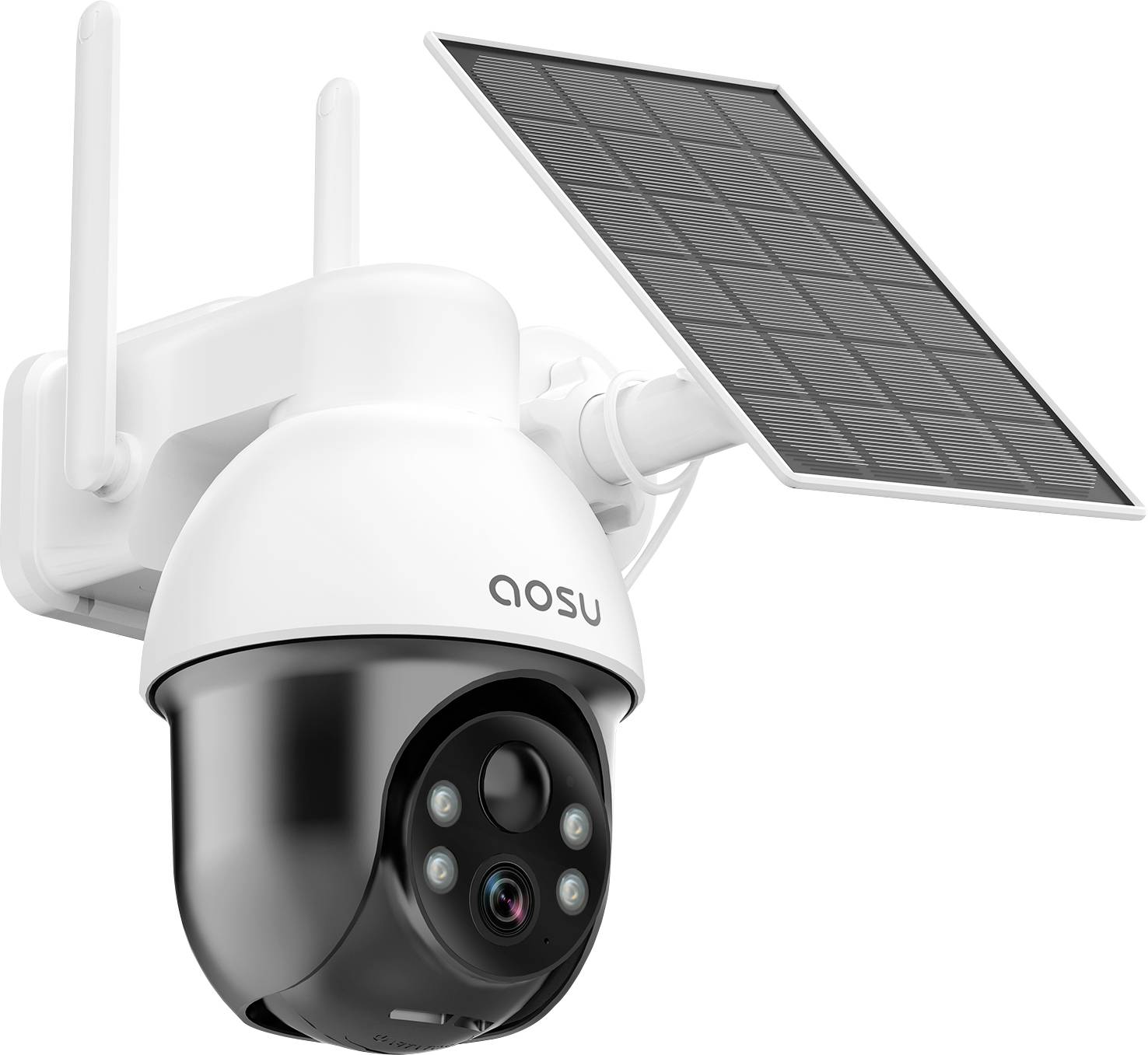 A white security camera with antennas is attached to a solar panel. The brand 'aosu' is displayed on the camera.