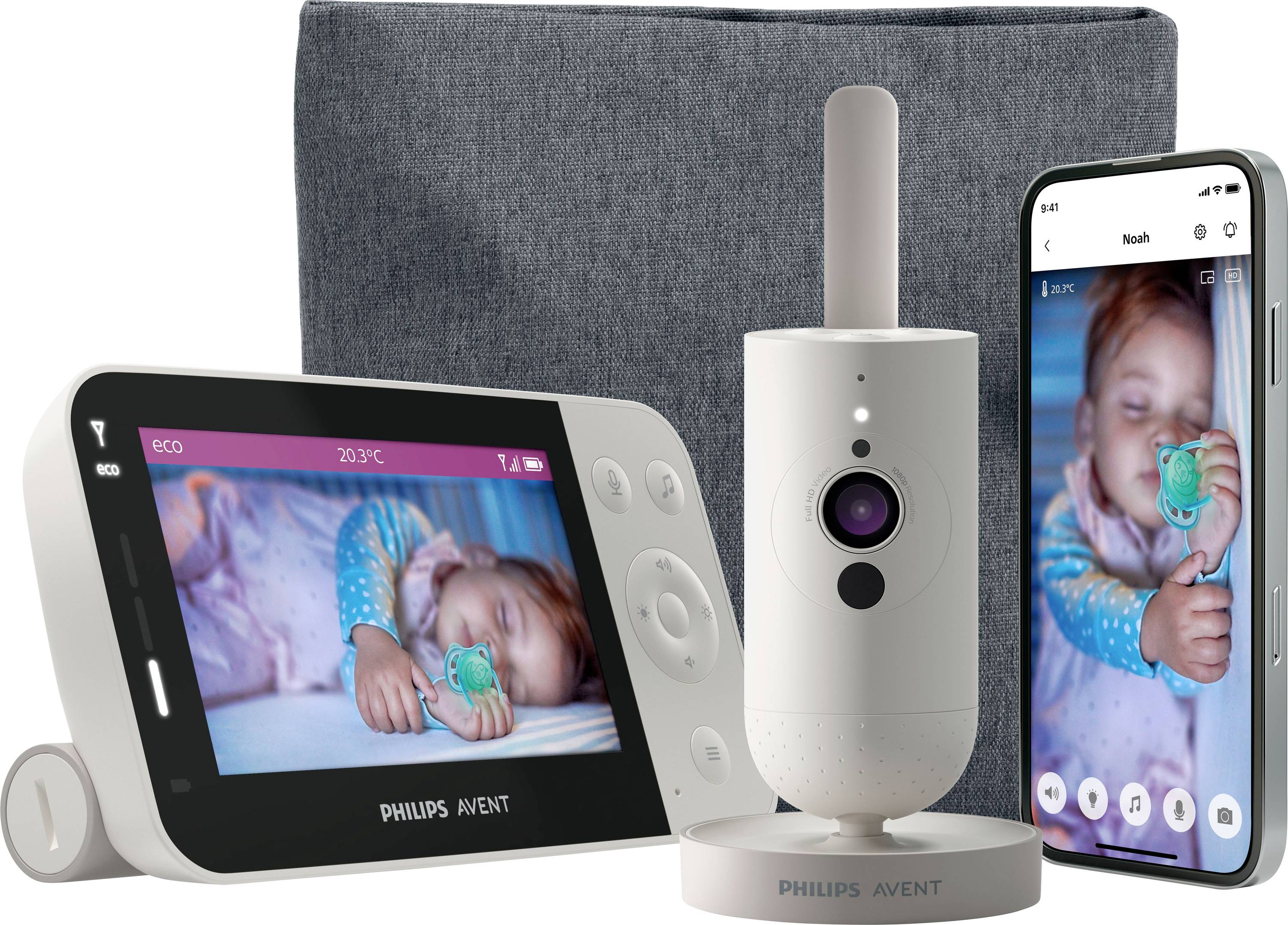 Baby monitoring system showing a video of a sleeping child holding a pacifier, displayed on a digital screen and a smartphone.