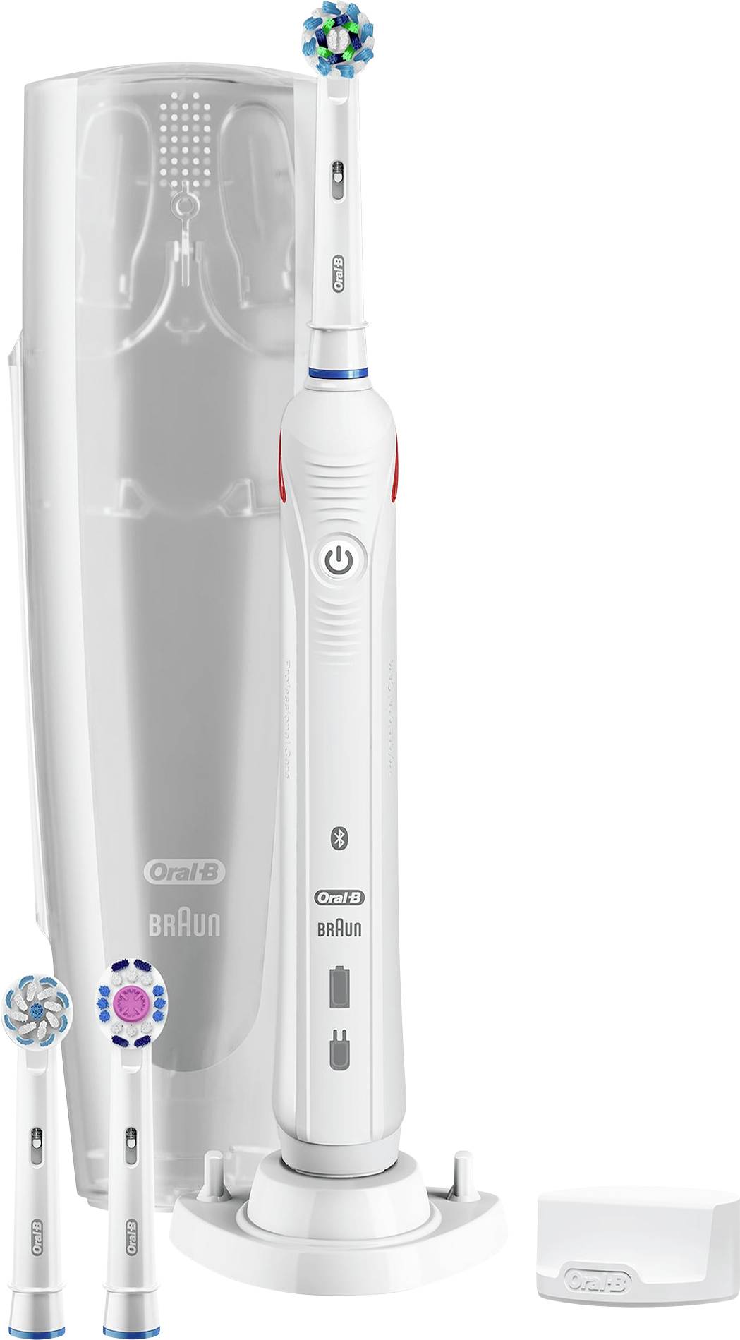 Electric toothbrush with a blue and white rotating head, displayed upright on a charging base. Two interchangeable heads are included.