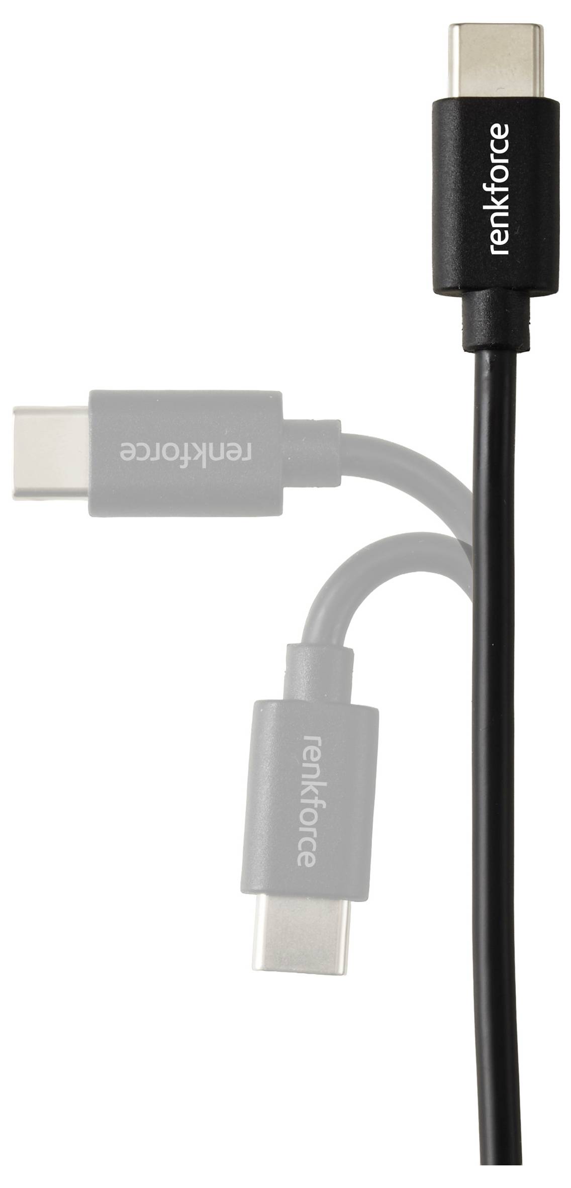 'Renkforce' USB-C cable on white background, showing three positions of the cable end, illustrating flexibility.