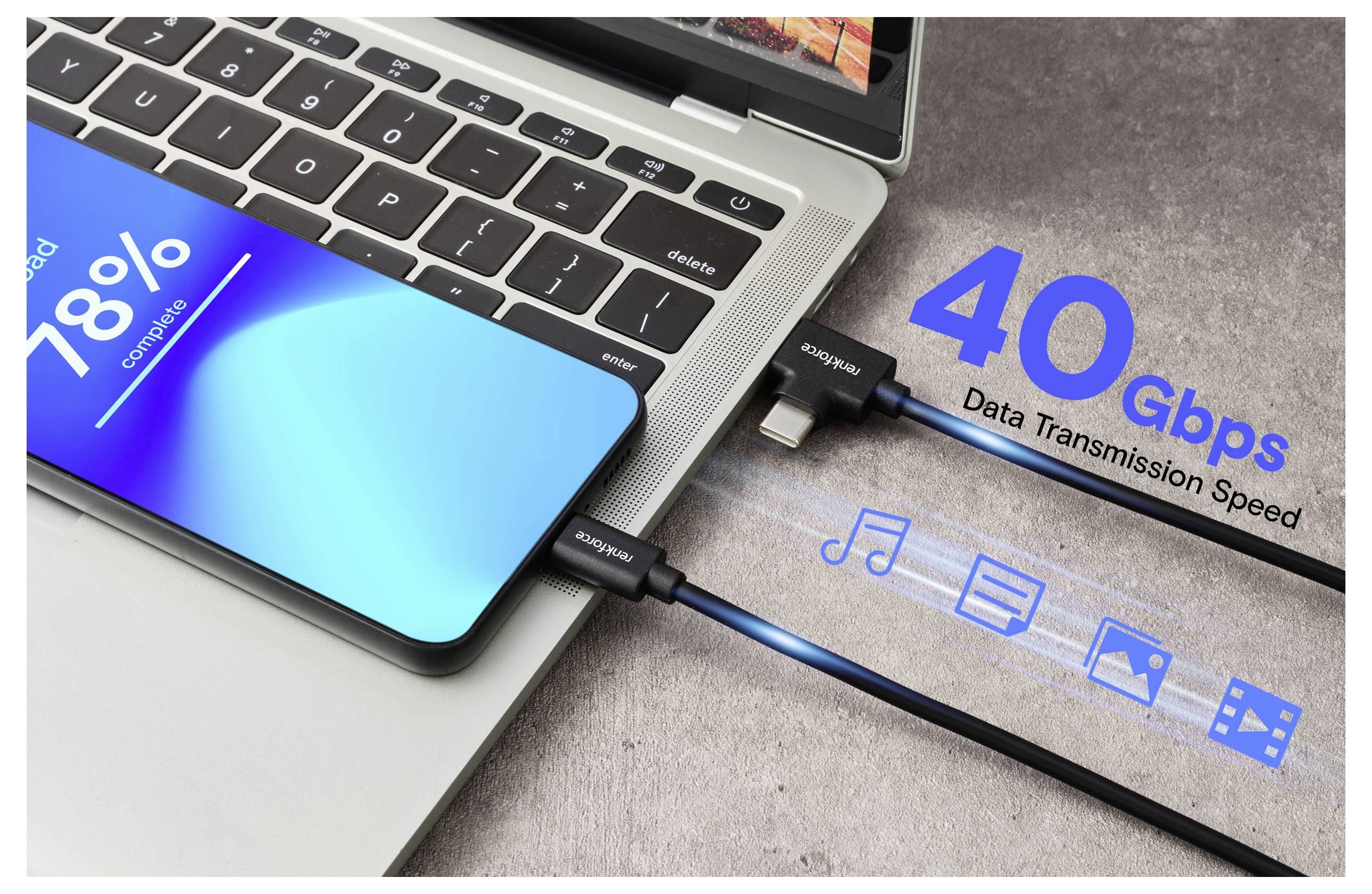 A smartphone displaying '18% complete' is connected to a laptop via a high-speed cable, with text stating '40 Gbps Data Transmission Speed.'