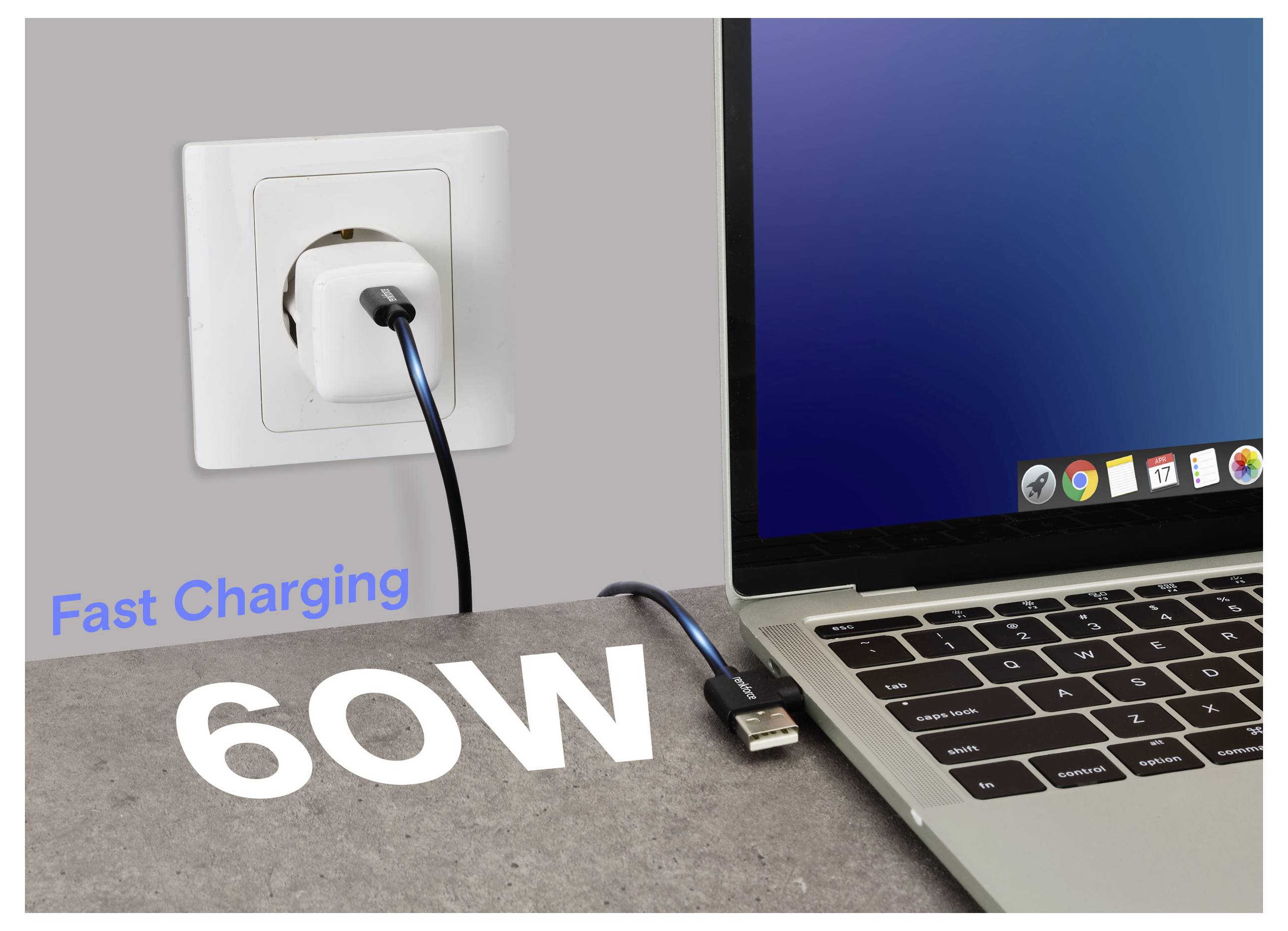 A laptop is connected to a power outlet with a USB-C cable. Text reads 'Fast Charging 60W.' The laptop screen is partially visible.
