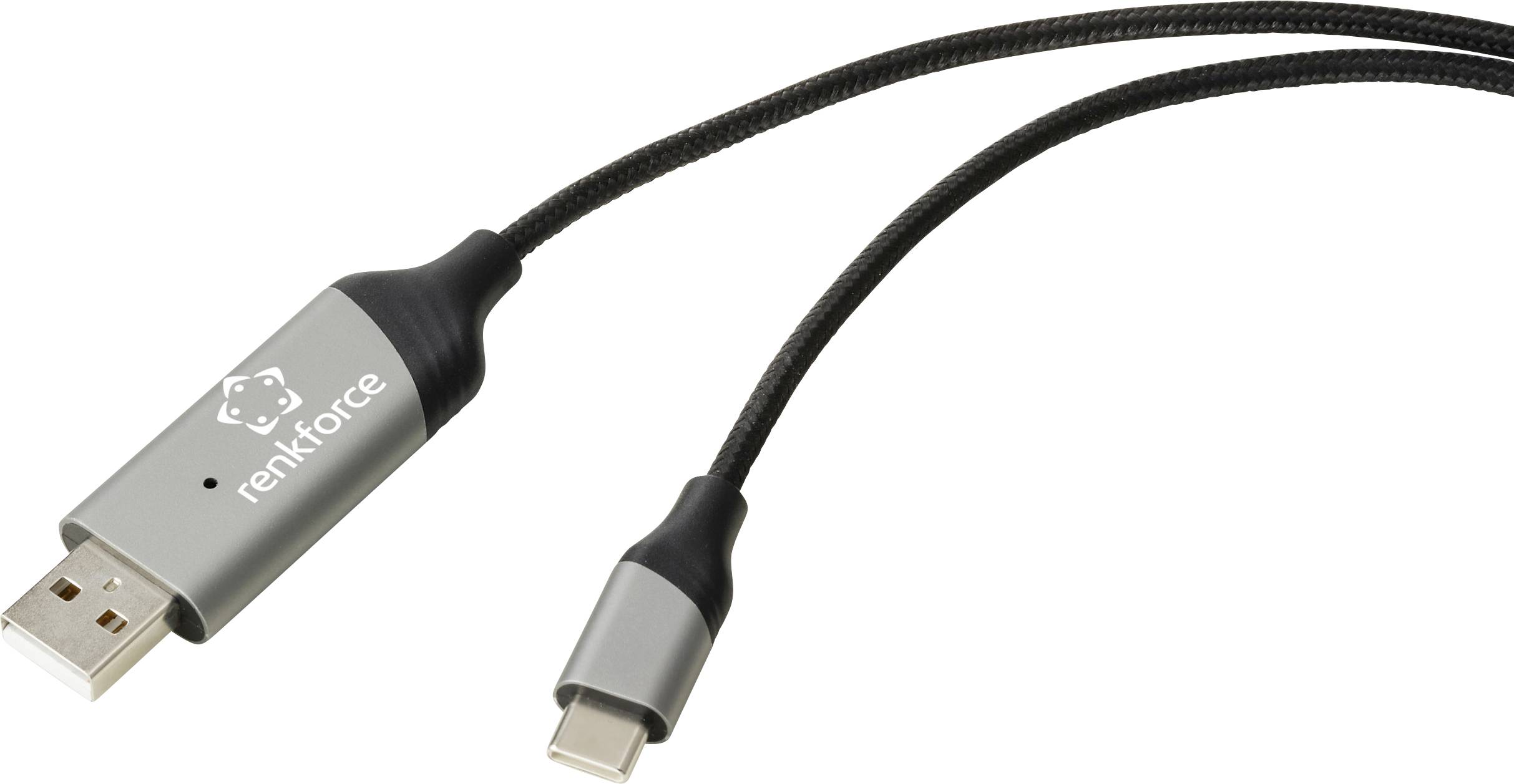 A USB-C to USB-A cable with metallic connectors, designed for charging and data transfer, labeled 'renkforce' on one end.