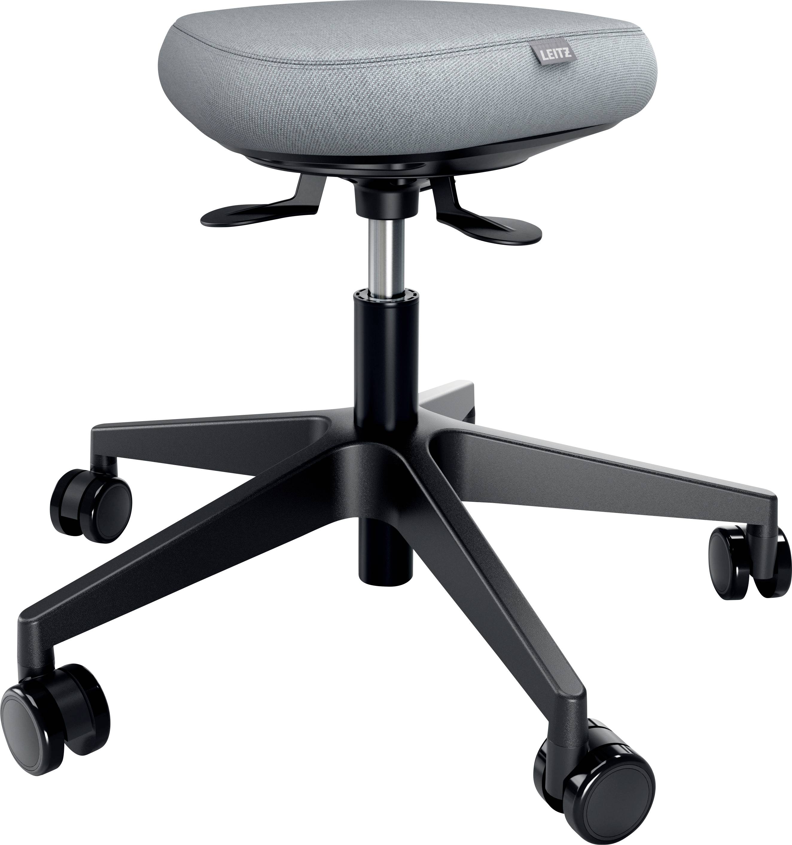 A gray cushioned office stool with a black adjustable base and five black caster wheels, suitable for a modern workspace environment.