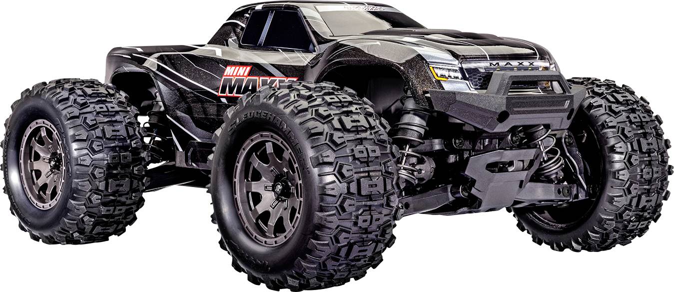 A black miniature remote-controlled monster truck with large, rugged tires and a sleek, aerodynamic design, labeled 'Mini Maxx.'