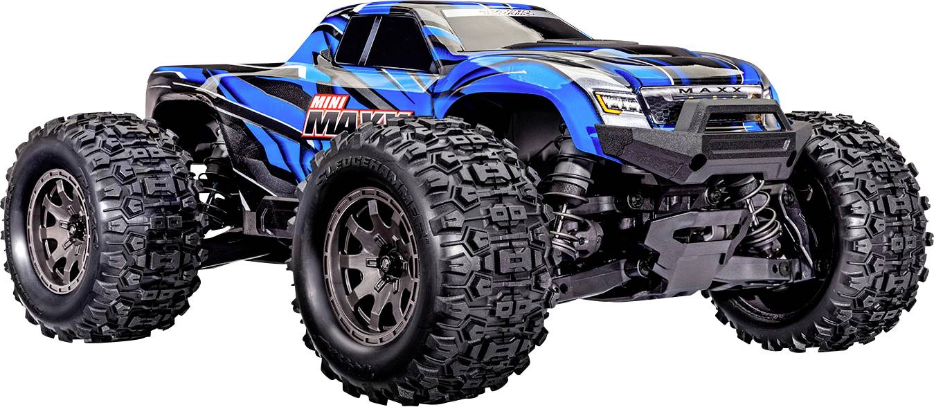 A blue and black remote-controlled monster truck with large rugged tires and a sleek, aggressive design.