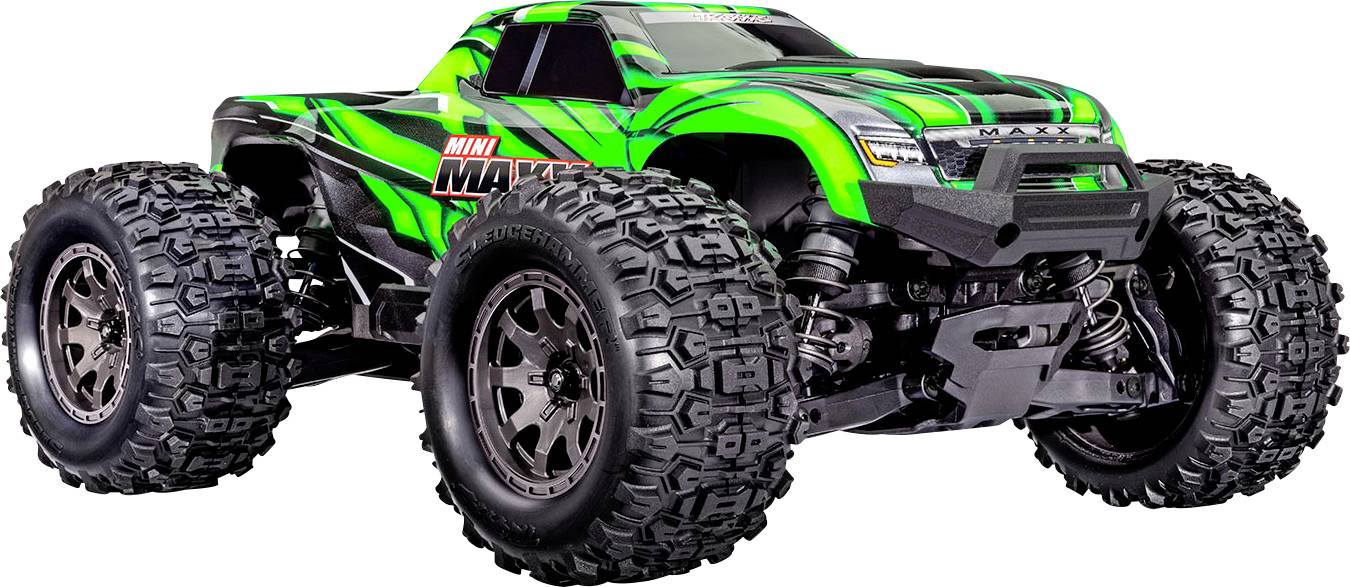 A green and black remote-controlled monster truck with large, rugged tires displayed on a white background.