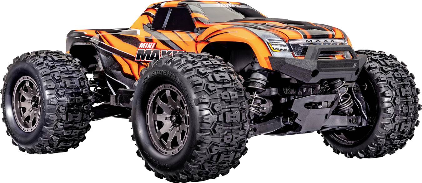 A bright orange remote-controlled truck with large, rugged tires and the words 'Mini Maxx' on its side.