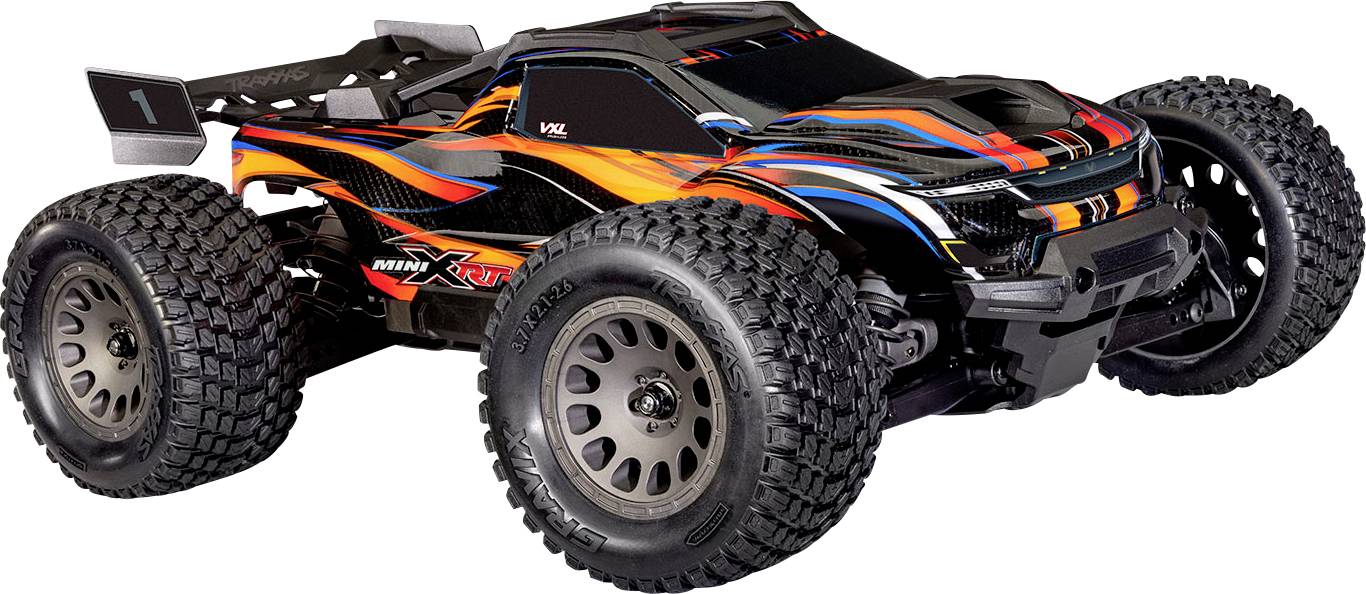 A brightly colored remote-controlled car with large tires and a sleek black body featuring orange and blue stripes, viewed from the side.