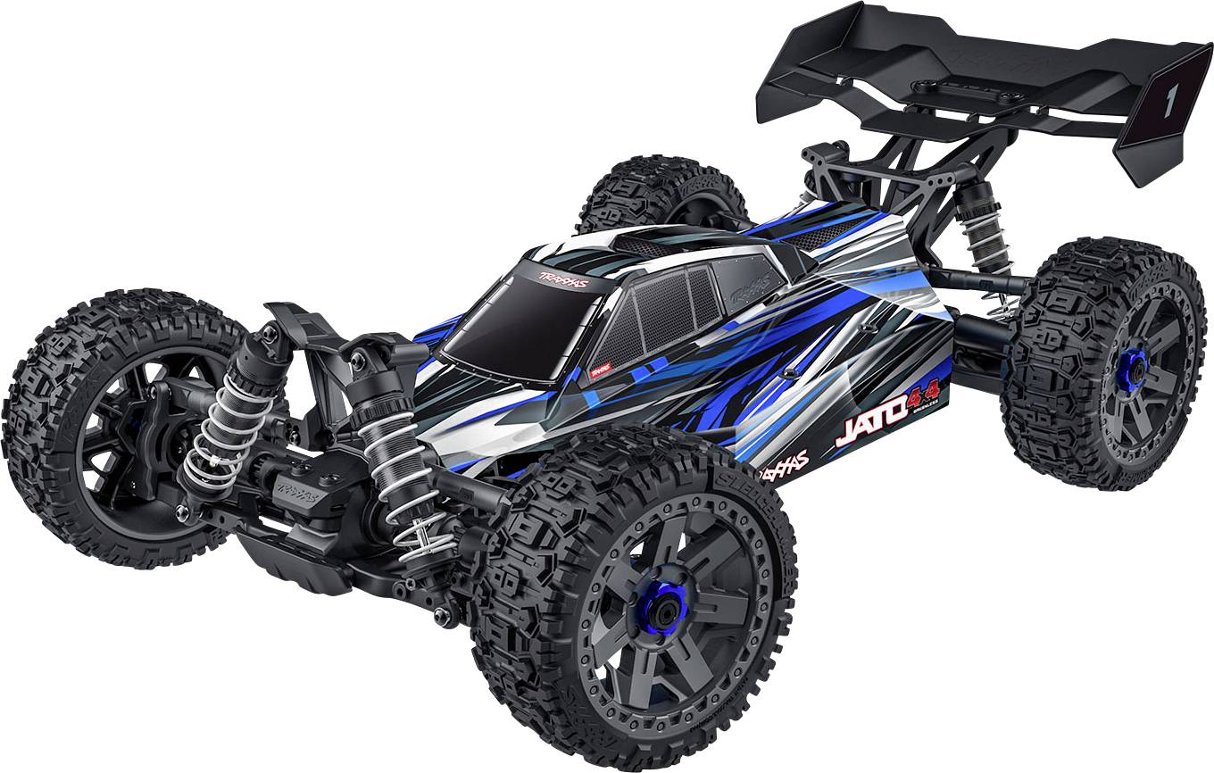 Blue and black remote-controlled off-road car with large tires and a rear spoiler, designed for high-speed racing and rugged terrains.